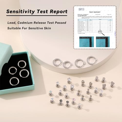 16 Pairs Surgical Steel Flat Back Earrings Set for Multiple Piercing Sensitive Ears Cartilage Hypoallergenic Earrings Small Huggie Hoop Earrings CZ Ball Stainless Steel Stud Earrings for Women Men3