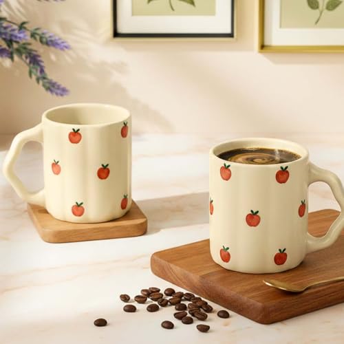 Image of The Earth Store Cream Apple Coffee Mug - 300ML Ceramic Coffee Mugs Set of 2 | Microwave & Dishwasher Safe Mugs for Gift | Home | Office | Restaurant | Daily Use