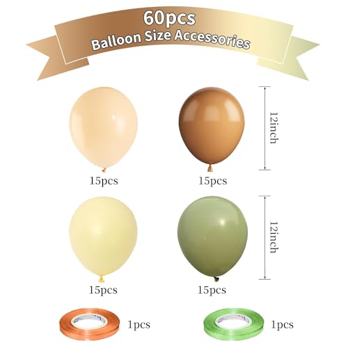 Image of Green and Brown Balloons, 60PCS Sage Green Light Yellow Nude Balloons