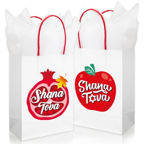 Bolsas de regalo de papel Rosh Hashanah de granada y manzanas con papel de seda blanco