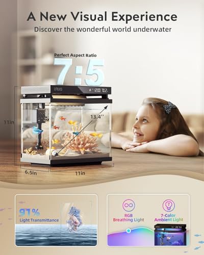 Image of Fish Tank Smart Aquarium Kit: 2 Gallon UHD Glass Silent Water Pump Self Cleaning Multi-Layer Filtration System - Temperature Sensing 7-Color Lighting for Small Fish Betta Room Desktop Decor - Black