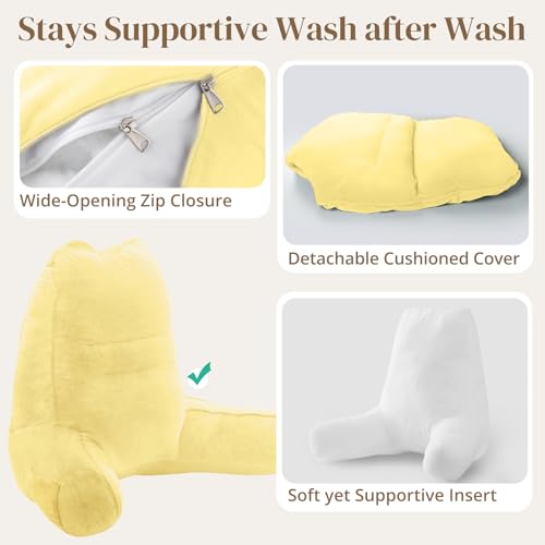 Image of Sasttie Reading Pillow for Bed, Back Pillow for Sitting Up, Light Yellow | 23 inch Backrest Support Cushion for Couch, Sofa, and Floor, Dorm Essentials, OEKO-TEX, Adjustable Down Alternative Fill