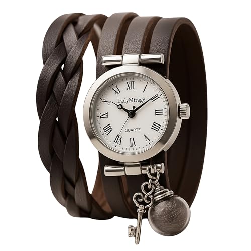 Lady Mirage - Echte Feder Echtleder Armbanduhr Damenuhr Wickeluhr - Geschenk für Sie - Handmade Geschenk - Geschenkidee für Freunden, Schwester, Geburtstag, Jahrestag, Weichnachten (Braun)