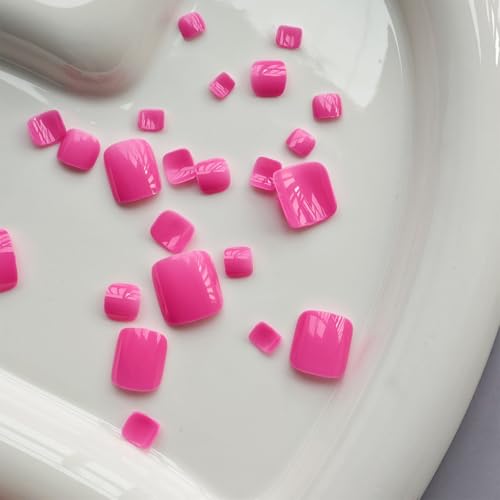 Image of Press on Toenails Pink Full Cover Fake Toenails Glossy Glue on Toe Nails Reusable Artificial Acrylic Short Square False Toenails Summer Beach Stick on Toes for Women Girls Manicure 24 Pcs