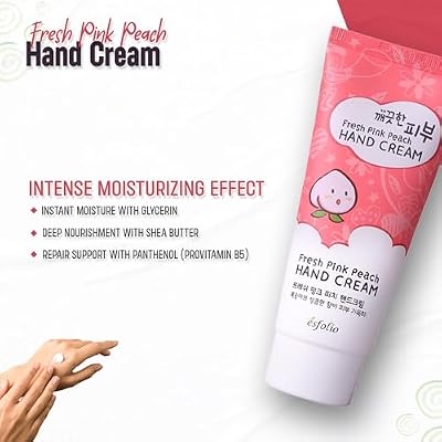 esfolio Fresh Pink Peach Hand Cream Moisturizing Korean Hand Lotion with Peach & Apricot Extracts Softens, Hydrates & Smooths Dry Skin Lightweight Non-Greasy Formula (3.38 OZ/100ML)