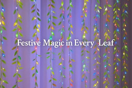 Image of MIRADH Diwali Fairy Lights Leaf Curtain String Light, 180 LED Artificial Leaf Vine with 8 Modes for Diwali, Navratri, Christmas & New Year Home & Party Decor (10x3 ft) (2, Multicolor)