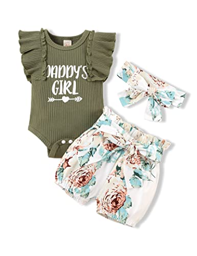 Image of KISSB Newborn Baby Girl Summer Clothes Outfits Daddys Little Girl Short Sleeve Romper Infant Floral Shorts Set 3Pcs…