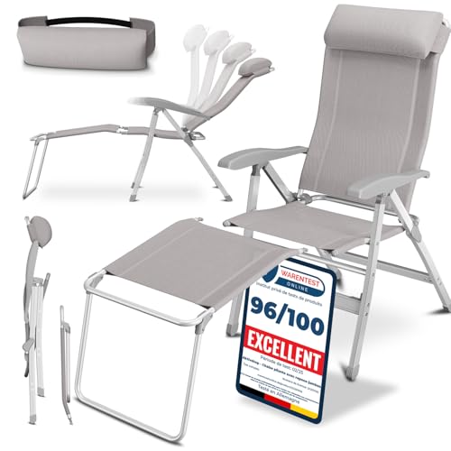 ELONEO Chaise de Camping Pliante avec Repose-Pieds Amovible - Chaise Longue Pliante Confortable en Aluminium avec Dossier Réglable pour Jardin et Balcon Taupe