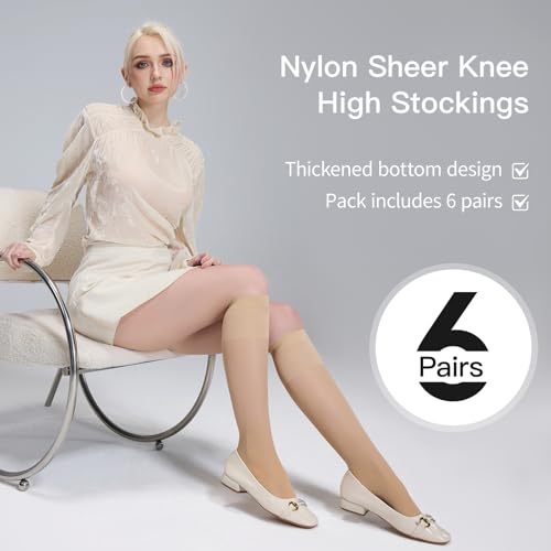 Yilanmy 6 Pairs Knee High Stockings for Women, 30D Sheer Nylon Knee High Hose Non Slip Calf Stockings with Reinforced Toe2