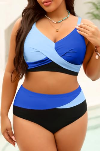 Image of Tempt Me Plus Size High Waisted Two Piece Swimsuit Color Block Bikini Set