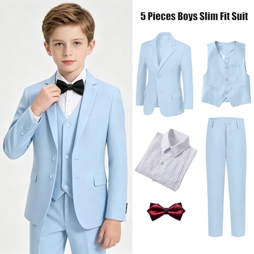 Image of Boys' Formal Suit 5 Piece Slim Fit Suits for Boy Kids Tuxedo Toddler Wedding Ring Bearer Outfit Teen Communion Dress