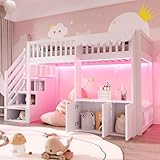 Merax Lit Mezzanine en Bois 90×200 cm, avec Armoire de Rangement, escalier avec Compartiments de Rangement, Espace Ouvert sous Le lit, Bande Lumineuse LED Multicolore, Blanc (sans Matelas)