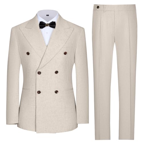 Retro 2 Piece Mens Linen Suit Slim Fit Double Breasted Beige Suits for Men Casual Beach Wedding Suit Tuxedo Jacket Pants L3