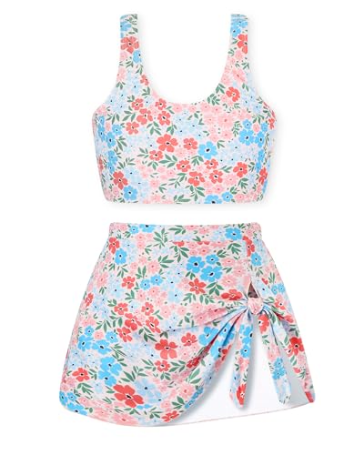 Image of Girls Two Piece Tankini Swimsuit with Skirt Summer Bathing Suit with Chest Pad Swimwear 7-16 Years
