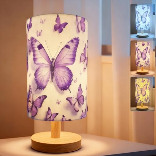 Image of Butterfly Lamp, Butterfly Lamps for Girls Bedroom,3 Color Night Light Wood Nightstand Desk Base Flaxen Fabric Shade for Bedroom Living Room, Butterflys Lovers Gifts, LED Bulb Included（purple lamp）