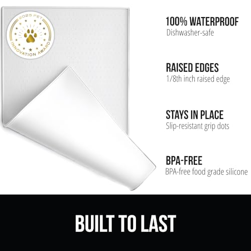 Image of GORILLA GRIP 100% Waterproof Raised Edge BPA Free Silicone Pet Feeding Mat, Dog Cat Food Mats Contain Spills Protects Floors, Placemats for Cats and Dogs Water Bowl, Pets Accessories 18.5x11.5 White