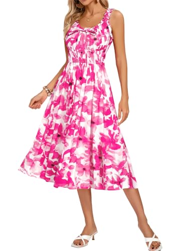 Image of Kate Kasin Womens Dresses Floral Boho Casual Ruffle Sleeveless Square Neck A Line Beach Vacation Swing Midi Sundress