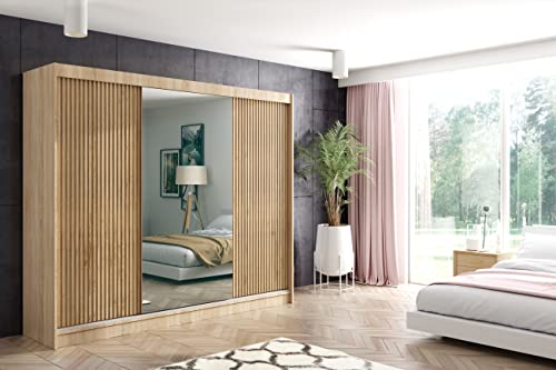 ALTDECOR Kleiderschrank mit Spiegel und Schiebetüren, Führungsschienen und Aluminium-Leisten, LED-Beleuchtung und Fernbedienung - VILAN - 250 cm Sonoma Eiche + Lamelle Eiche Wotan + Spiegel ALTDECOR Kleiderschrank mit Spiegel und Schiebetüren, Führungsschienen und Aluminium-Leisten, LED-Beleuchtung und Fernbedienung - VILAN - 250 cm Sonoma Eiche + Lamelle Eiche Wotan + Spiegel