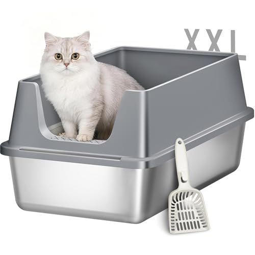 Fobyfurny Katzenklo Edelstahl XXL Metall Katzentoilette Groß Katzenklo Edelstahl mit Hoher Rand mit Schaufel Offenes Design Leicht zu Reinigen 60 5L x 40B x 29H cm Dunkelgrau FPLB003SG2