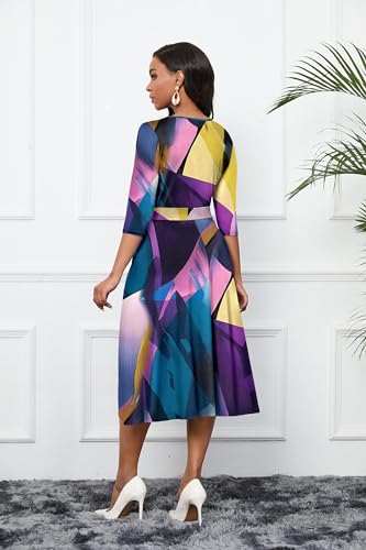 Image of CLOCOR Midi Dresses for Women Casual A-Line Fit and Flare Dress Crewneck 3 /4 Sleeve Keyhole Cocktail Party Church Dress