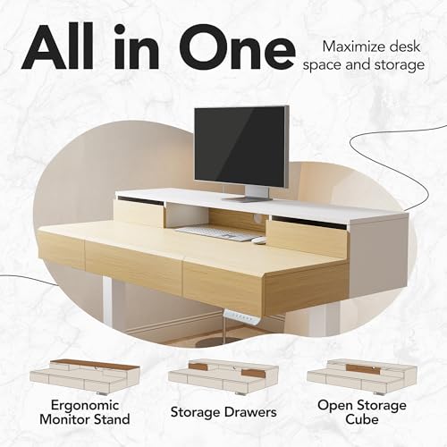 Image of HUANUO Standing Desk with Drawers, 48 Inches Electric Height Adjustable Desk with Storage, Whole-Piece Board Sit Stand Up Desk with Monitor Shelf, Light Walnut