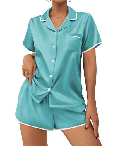 Image of Ekouaer Womens Satin Pajamas Set 2 piece Silky Buttton Down Short Pjs | Silk Notch Collar Top and Soft Shorts Lounge Set for Sleep, Daily Wear, Home, Wedding, Party