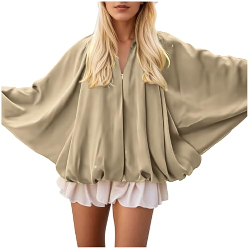 Übergangsjacke Damen Leichte Puffed Jacke Bomberjacke Oversized Fledermausärmel Herbstjacke Elegant Windbreaker Kurze Reißverschluss Khaki M