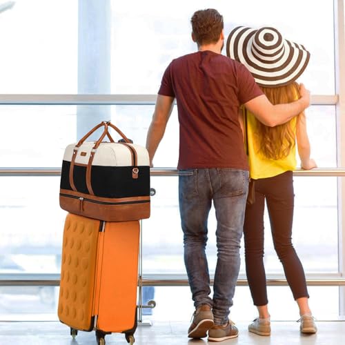 Image of Weekender Bag for Women, Large Overnight Bag Canvas Travel Duffel Bag Carry On Tote with Shoe Compartment 21 inch 3Pcs Set, A11-brown+beige+black, Large, Casual Travel
