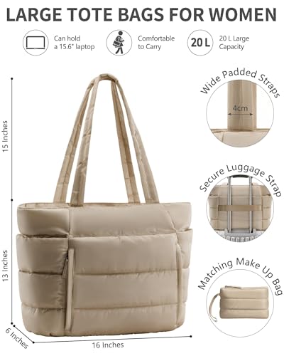Image of Bagstellar Puffer Tote Bag for Women, Lightweight Puffy Work Handbag Teacher Nurse Quilted Shoulder Bag for School Travel Gym | Cloud Bag w / Zipper