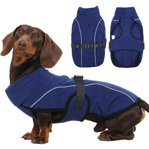 Hjyokuso Dackel Hundemantel M, Warmer Dackels Wintermantels, Warmer Wintermantel für Kleine Hunde, Verstellbare Hundejacke mit Hohem Kragen und Reflektierenden Streifen Marineblau