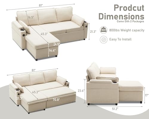 DURASPACE Sofa Bed Sleeper Pull Out 2 in 1 Sectional Sleeper Sofa Couches with Storage,USB, Cup Holder,Pullout Sectional Couches for Apartment Living Room (Beige)