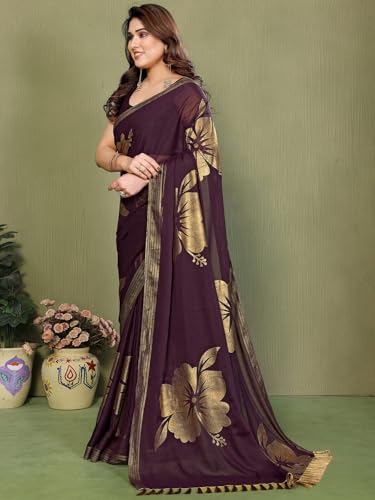 Image of Satrani Women's Shimmer Georgette Foil Printed Saree with Unstitched Blouse Piece