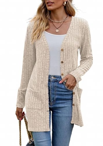 MSIYOW Chaqueta de Punto Mujer Larga Cárdigan Largo Suéter Jersey con Botones y Bolsillos Otoño Invierno(M, Beige)