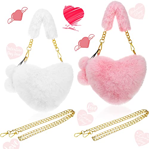 Saintrygo 2 Pcs Valentines Day Furry Purse Heart Shaped Purse Women Soft Fluffy Faux Fur Handbag Gift for Christmas(White, Pink)