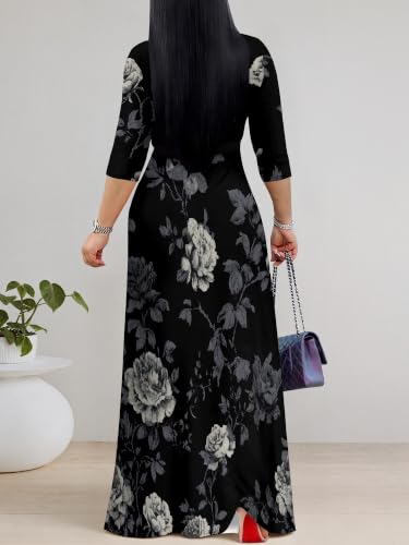 Image of PinkPatty Plus Size Maxi Dress for Women Casual V Neck 3 /4 Sleeve Boho Printed Long Dress with Pockets
