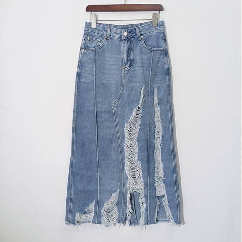Women's Long Denim Skirt High Waisted Ripped Irregular Frayed Raw Hem A-Line Casual Jean Skirts3