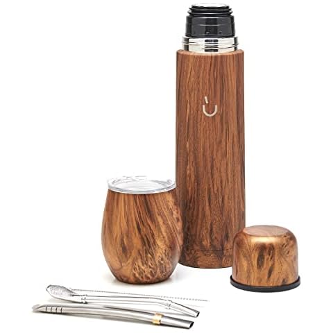 BALIBETOV Complete Yerba Mate Set - Modern Mate Gourd, Thermos, Bombilla and Cleaning Brush Included - All Premium Quality 304 18/8 Stainless Steel (Wood) Cover