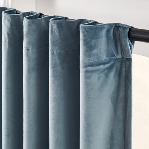 Image of Extra Long Dark Slate Velvet Curtains Back Tab 52x108 Inch 2 Panels | Blackout, Lined, Soft Velvet, For Tall Windows & High Ceilings, Light Shifting Texture, Elegant Luxury Drape, Serene