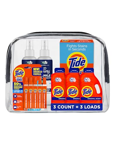 Tide Cruise Essentials Bundle - Includes Liquid Detergent Tide Stain Remover Wipes Stain Remover Pen & Downy Wrinkle Releaser Spray - Travel and RV Essentials Pack