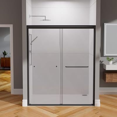 Double Sliding Shower Door 56-60x70 Inch Semi-Frameless Bypass, 6mm Clear Tempered Glass, Reversible Matte Black Bathroom Door