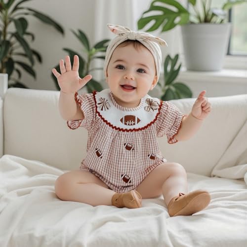 Newborn Baby Girl Football Outfit Football Bow Embroidery Plaid Smocked Bubble Romper Short/Long Sleeve Bodysuit2