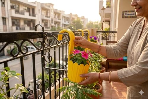 Image of Premium 6 inch Railing Planter with Hook - Durable Plastic Hanging Flower Pot for Balcony, Fence Design Gamla for Indoor /Outdoor Plants, Herbs & Creepers (3, Yellow)