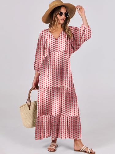 Womens Boho Maxi Dresses 2025 Summer V Neck Puff Sleeve Floral Flowy Swing Casual Long Dress2