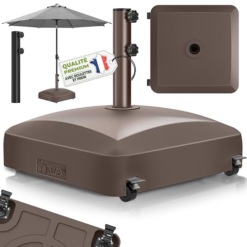 tillvex® Pied de Parasol PAVERA à roulettes et Freins | Support de lestage Parasol à remplir 37L/56kg | Poids pour Parasol Droit et de marché Ø1,8-3,7m |...