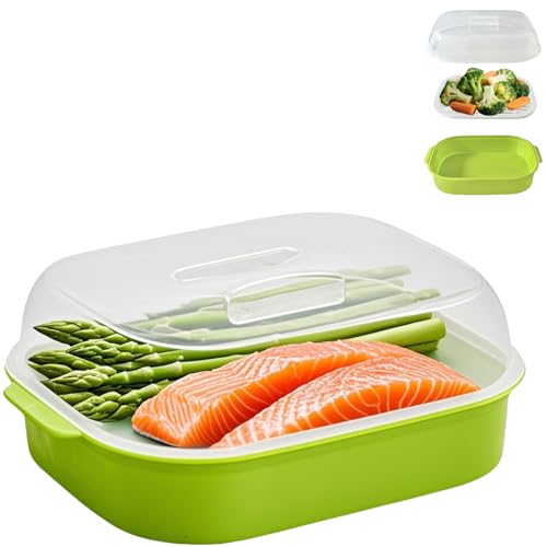 Bigwinyep Microwave Steamer for Vegetables, Plastic Microwave Vegetable Steamer with Lid for Vegetables Prep Seafood Fish Cooking, Green-Rectangle, 10.6Inch