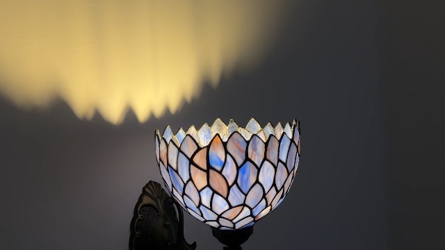Image of Tiffany Wall Sconce Hand-Weld Stained Glass Bedside Lamp with Classic 8 Inches Wisteria Blue Purple Lampshade for Bedroom Hallway Living Room Home Office