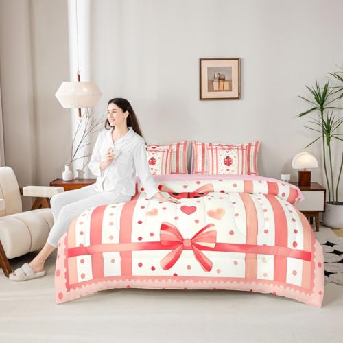 Image of Cute Ladybug Comforter Set 7 Pcs Polka Dots Heart Graffiti Girly Bedding Sets Watercolor Pink Stripes Bowknot Bed in a Bag with Comforter Flat Sheet Fitted Sheet 2 Pillowcases 2 Pillow Covers,Full