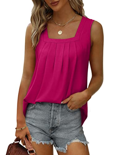 Image of Saloogoe Summer Tank Tops for Women Loose Fit Pleated Square Neck Sleeveless Tops Curved Hem Flowy