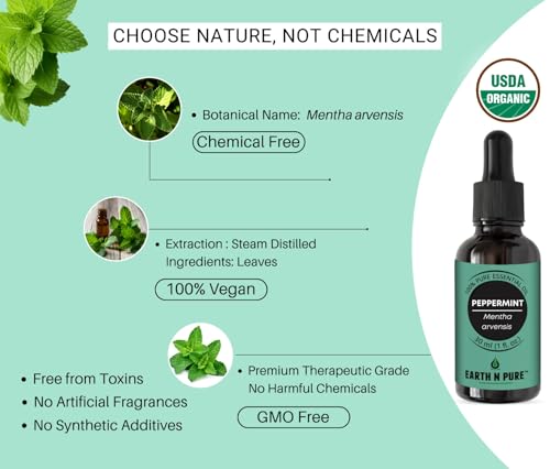 Image of Earth N Pure Peppermint Essential Oil (Pudina Oil) Undiluted, Natural and Therapeutic Grade with Glass Dropper - 100 ml