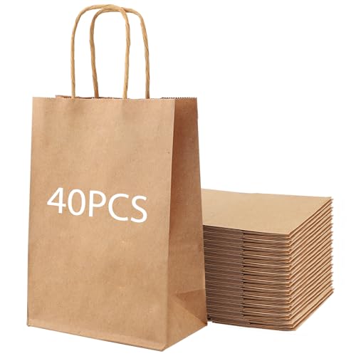 Bolsas de Papel Kraft Con Asas - 40 PCS Para Regalos, Cumpleaños, Bodas y Navidad - Para Empacar Bocadillos y Comida - 21x15x8 cm